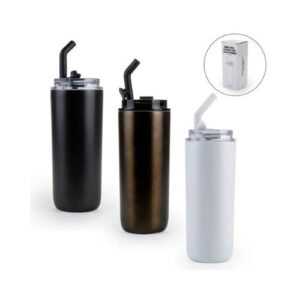 Double Wall Stainless Steel Tumbler with Transparent Lid & Metal Straw 500ml | Corporate Gifts Oman